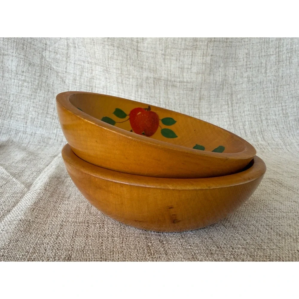Vermont Wood Specialties Wooden Bowls Set 2 Brown Good Hand Painted Apple Fruit